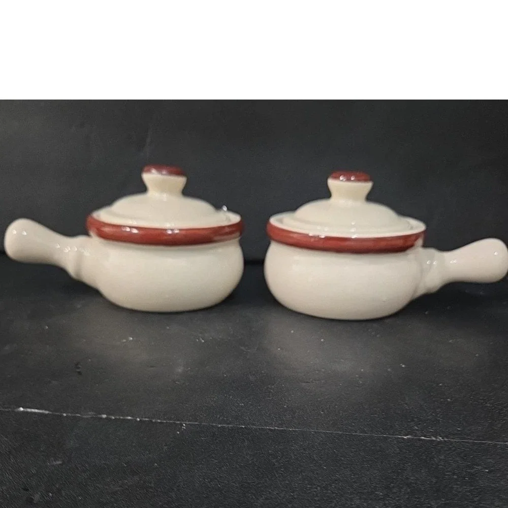 Ceramic Soup Bowls With Handles & Lids, Set of 2, Replacement Cream/Brown Crocks